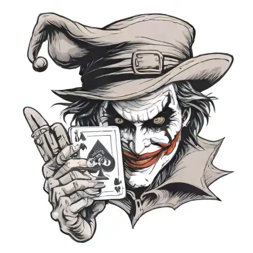 Joker wearing a hat while holding joker card in his hand tattoo design idea