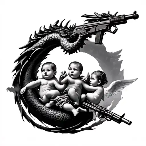 ok that’s fine I want you to make me a chest tat with 2 baby angels shooting a m-16 rifle at a dragon that loops around  tattoo design idea