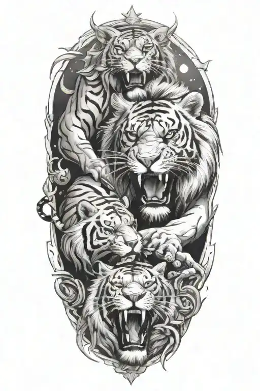 A lion and tiger engaged in a fierce battle in outer space tattoo design idea