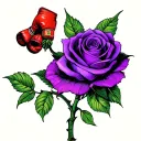 Purple rose with long stem and a pair of boxing gloves hanging from a thorn. tattoo design idea