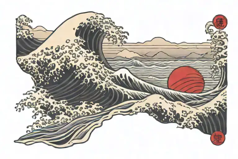 black background with red sun, waves in foreground with a mountain range in far distance behind waves tattoo design idea