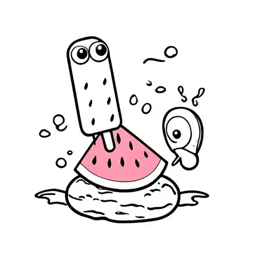 a pebble with googly eyes, a cute snail, and an ice lolly shaped like a slice of watermelon tattoo design idea