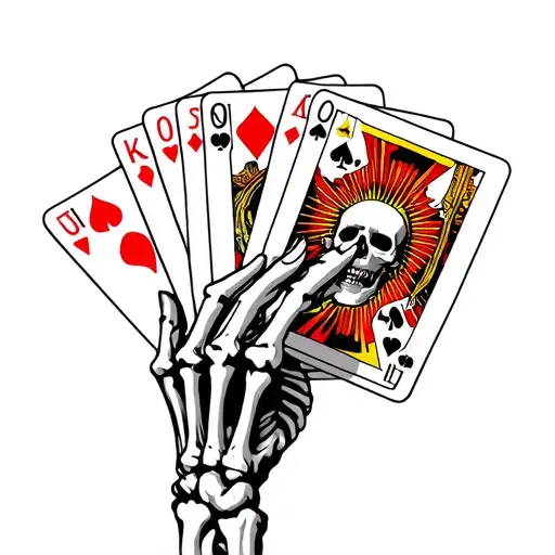skeleton hand holding cards that symbolize karma, and death with sunshine Ray is coming out at the top with no color tattoo design idea