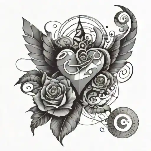 A geometric design incorporating the names Lola, Mathis, and Jérôme with symbols of love, music, and dreams tattoo design idea
