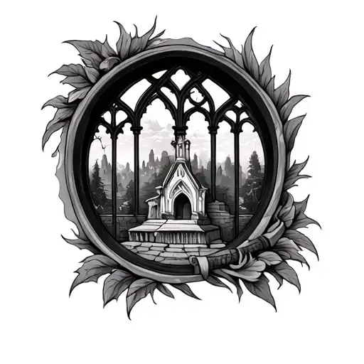 Create a custom leg tattoo of a church window going around the knee, leaving the knee free but make the designe large an tattoo design idea