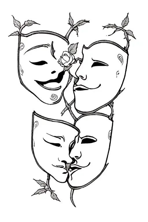multiple comedy and tragedy masks with small rose thorns intertwining them tattoo design idea