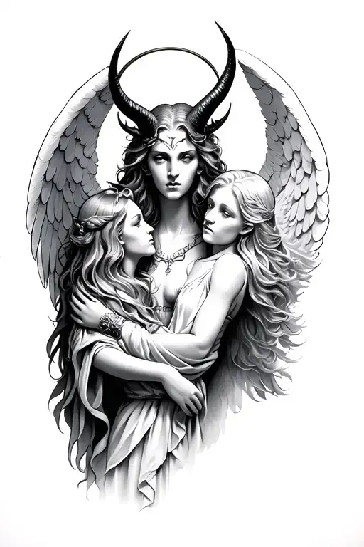 devil with horns behind angel with halo tattoo design idea
