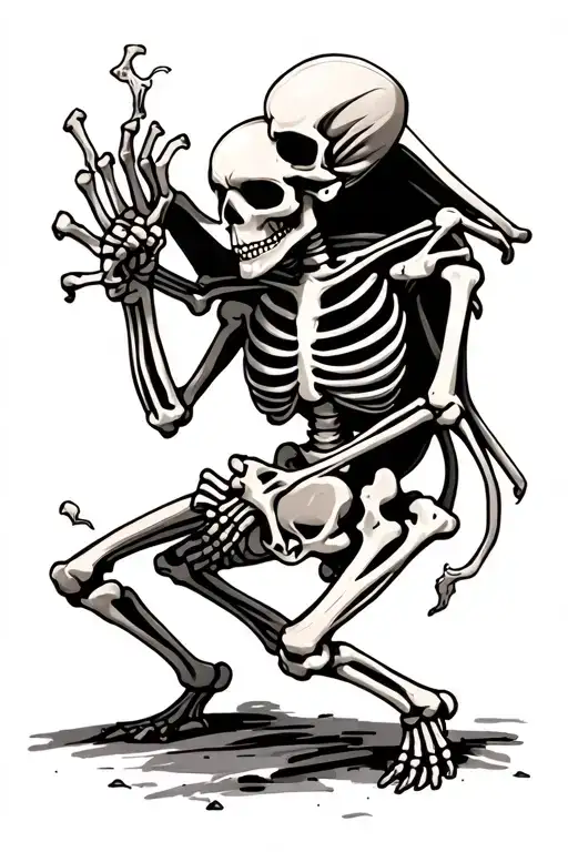 realistic skeleton fighting cartoon skeleton, dark esthetics tattoo design idea