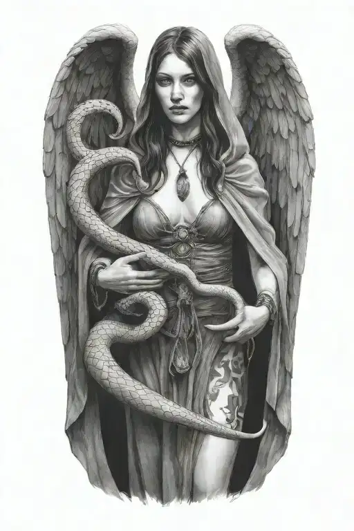 lilith standing in a cloak holding a snake tattoo design idea