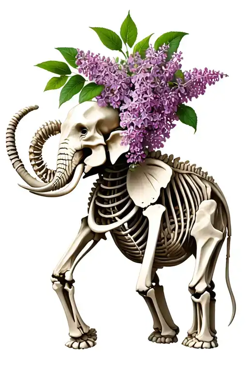 elephant skeleton with lilacs intertwined tattoo design idea