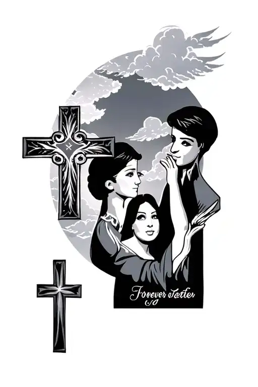 "forever together" heavenly sky with 2 crosses with freddie and gloria  tattoo design idea