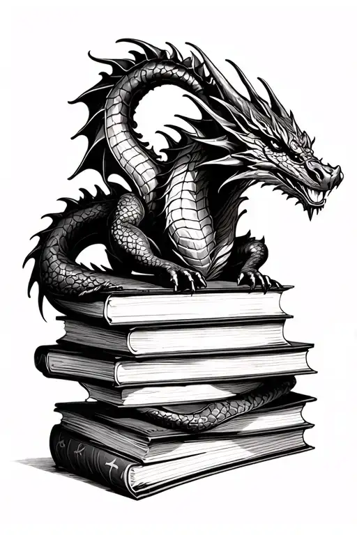 A dragon curled around a stack of books, with wiccan symbols hidden in the pages tattoo design idea