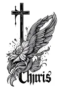 the name chris going down with a simple cross to the left of it tattoo design idea