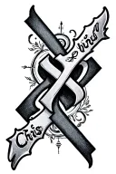 the name chris going down with a simple cross to the left of it tattoo design idea