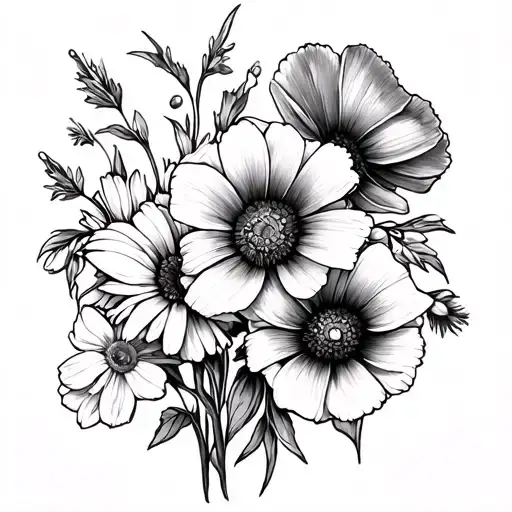 Delicate arm sleeve tattoo starting from hand with sweet pea twine and 4 flowers daisy , poppy , lily, daffodil in black tattoo design idea