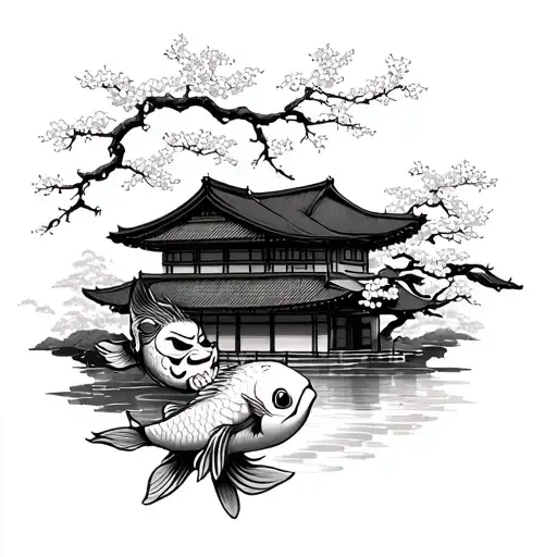 half sleeve japanese house with oni mask and big koi fish and cherry blossom running below tattoo design idea