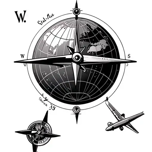 compass and a globe with a small plane flying tattoo design idea