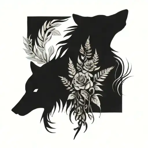 2 wolves, wildflowers, ferns, forest, daisy, rose intertwined tattoo design idea
