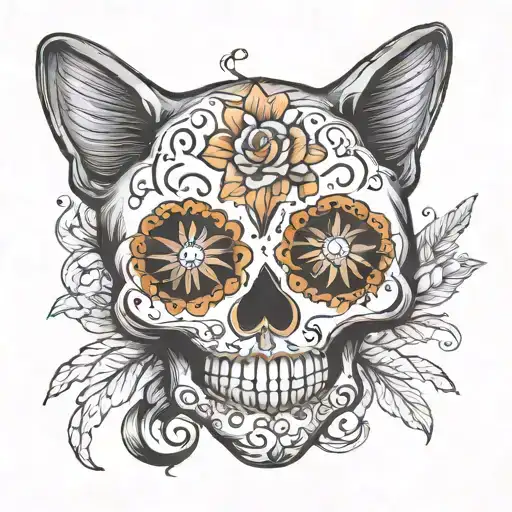 day of the dead skull, but a cat instrad of human skull tattoo design idea