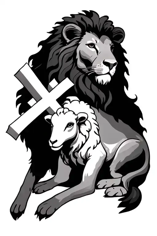 lion laying with lamb 3 crosses intertwined tattoo design idea