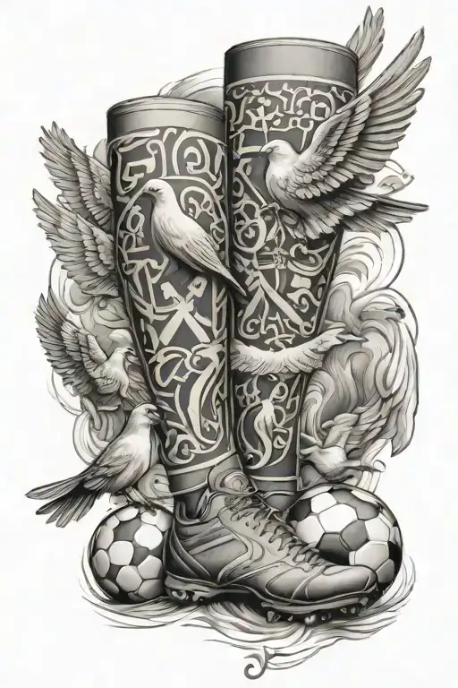 A Leg sleeve, consisting of family, football and 3 doves tattoo design idea