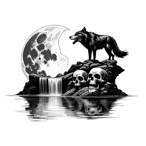I want a wolf standing on top of a waterfall howling up gods tub nail skull moon with the skulls reflection in the water tattoo design idea