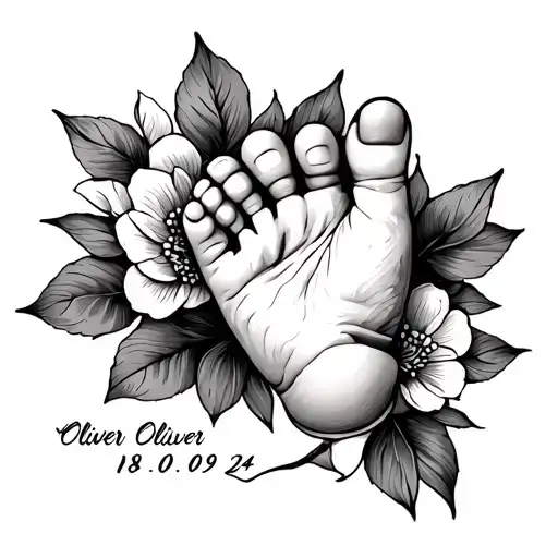 name Oliver baby foot and hand and birthdate 18 09 24 tattoo design idea