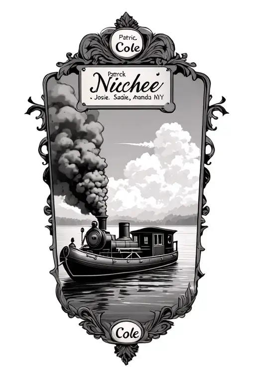 "Patrick, Josie,  Sadie,  Cole" lake anawanda NY with square swimming raft.  a steam engine with nicole written in nameplate.  st. michael on top tattoo design idea