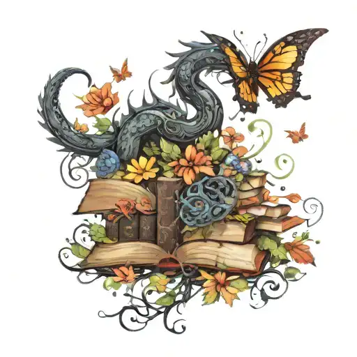 piled books open full of imaginatio, a dragon curled around with butterflies flowers and vines curling out dark colors tattoo design idea