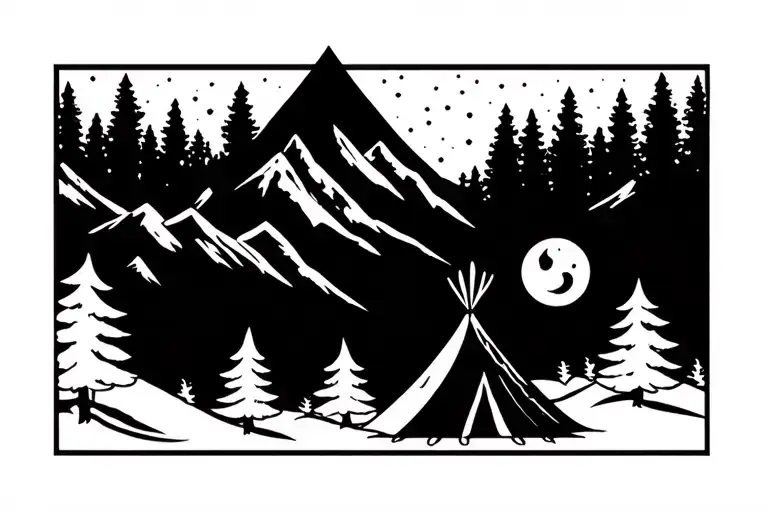 mountains camp tent fire trees starry sky moon tattoo design idea