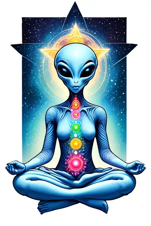 an alien with chakras meditating on a star tattoo design idea