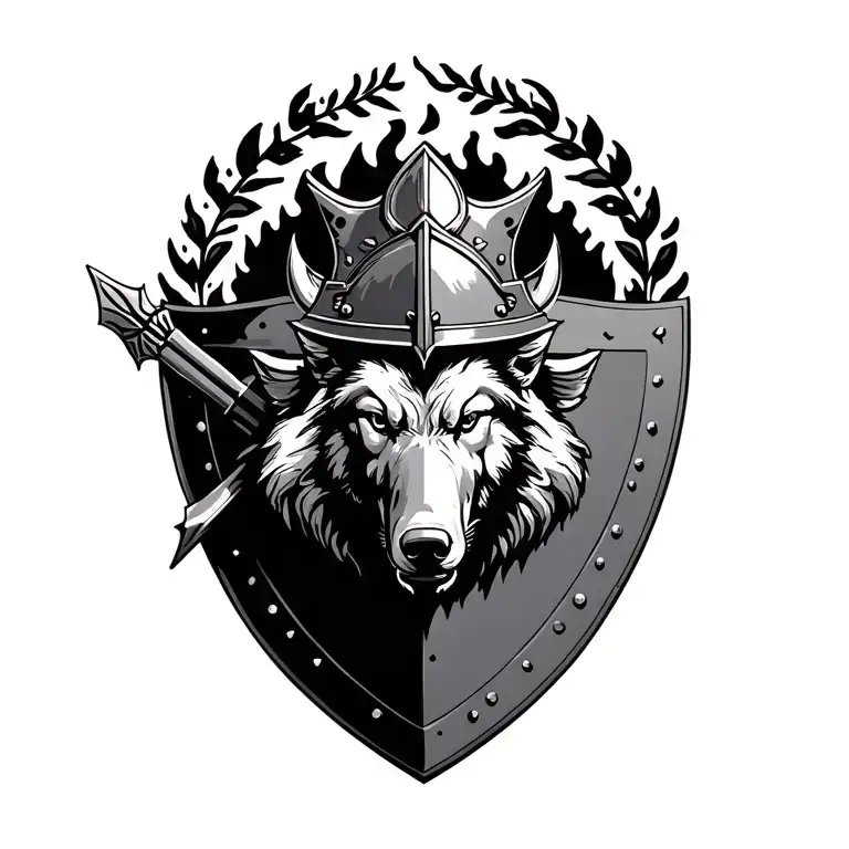 "Αρης" wolf and boar head behind hoplite shield with spear, above: hoplite helmet with laurels, fire half ring around it all tattoo design idea