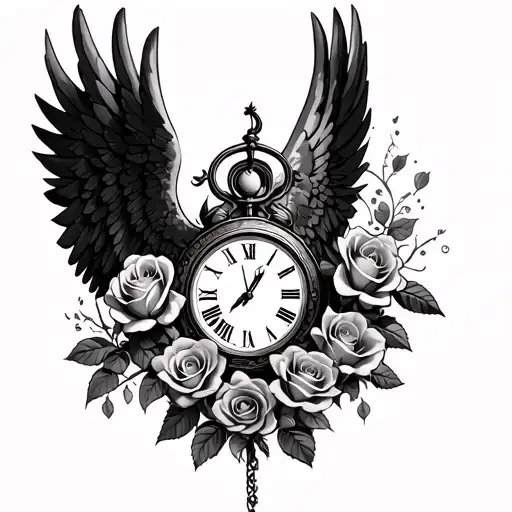 roses growing, angel wings, clock surrounded tattoo design idea