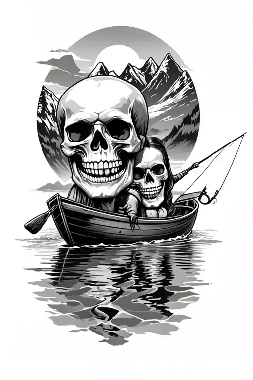 2 skull full body which are 1 men and 1 women fishing  on a boat surrounded by mountains. in black and grey realism tattoo design idea