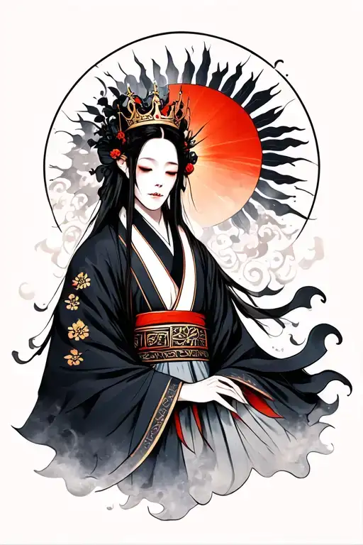 Inazami (death) with kimonon and crown traditional, sun of death, mist, traditional japanese tattoo design idea