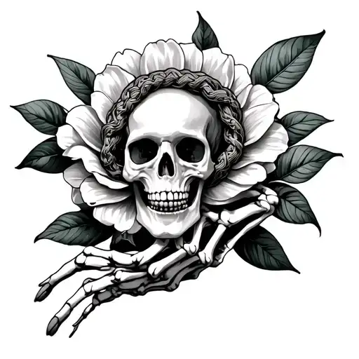 a skeleton hand holding onto a flower with a medusa head in the flower tattoo design idea