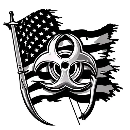 biohazard symbol with a tattered flying American flag behind symbol along with archery prominent in forefront tattoo design idea