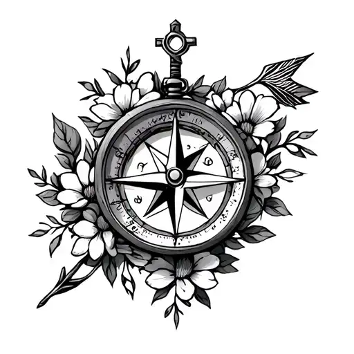 dainty compass with flowers and wrapped in vines an arrow the top having a cross and heart  tattoo design idea