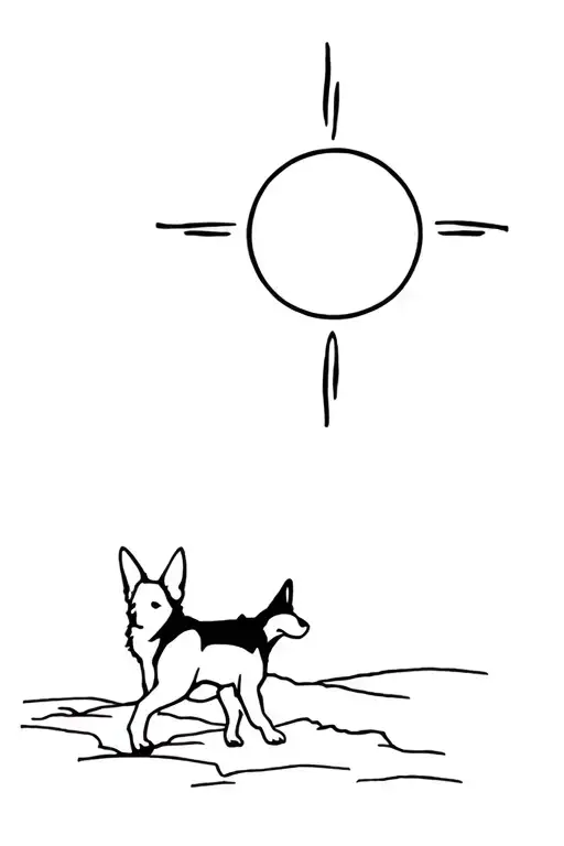 sun with small running German shepherd silhouette tattoo design idea