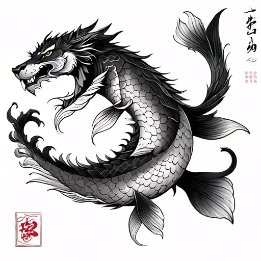 Design a Japanese-style lower half-arm tattoo that features a koi fish seamlessly morphing into a dragon, a regal lion’s tattoo design idea