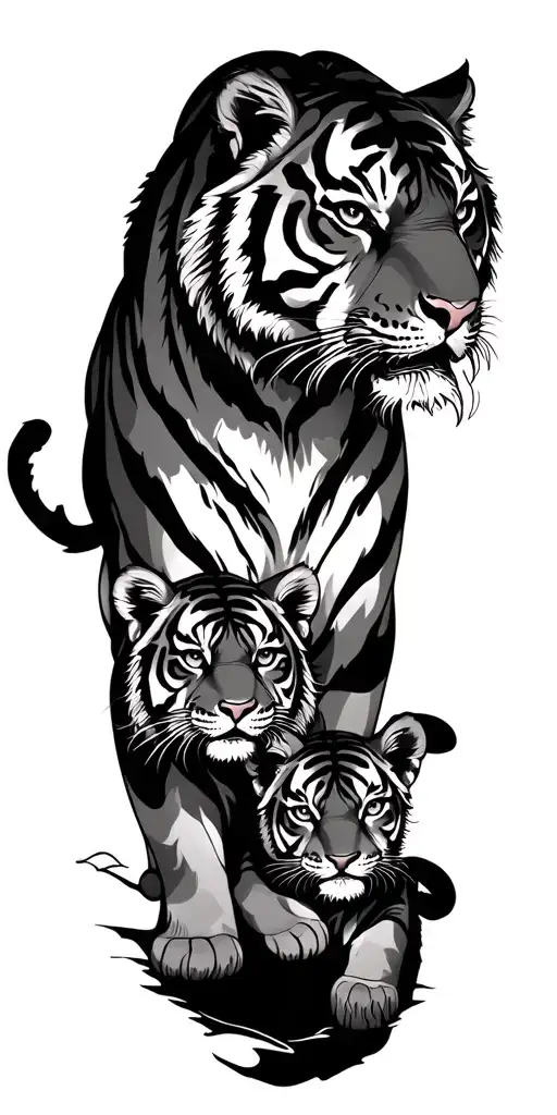 Japanese style tiger protecting its cubs with traditional background tattoo design idea
