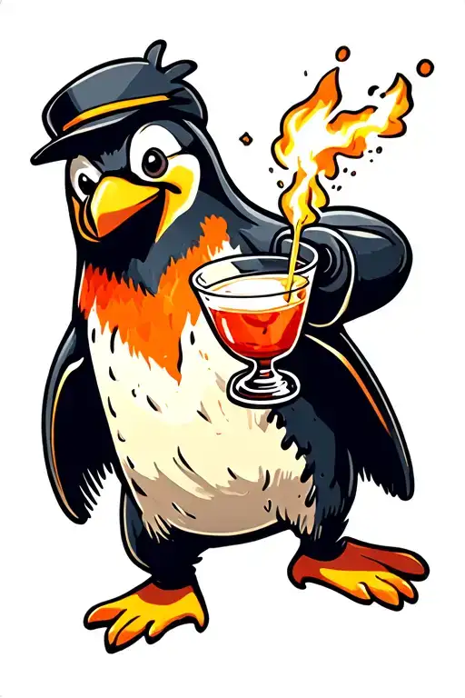 colorful cartoon penguin throwing a Molotov cocktail tattoo design idea