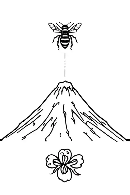 Minimalist tattoo of the Fuego Volcano and references to a stinging bee, a clover and Brazilian flag. tattoo design idea