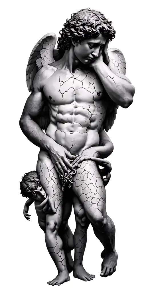 Cracked Titan Atlas on top with  3 cracked "see no evil, hear no evil, speak no evil" cupids under tattoo design idea