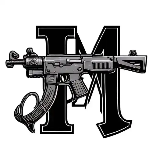 The letter E on the little finger, the letter M on the middle finger, the letter I on the index finger and an Ak47 on th tattoo design idea
