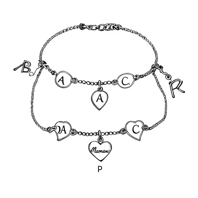 A bracelet tattoo with a Mamaw heart charm with the initials A,B,A,B,A,C,P as charms in cursive with 2 other fine line b tattoo design idea