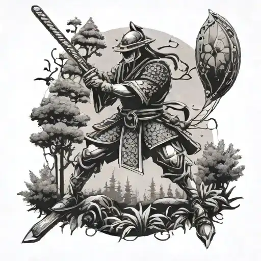 A construction crane morphing into a samurai warrior wielding a sword in a forest setting tattoo design idea