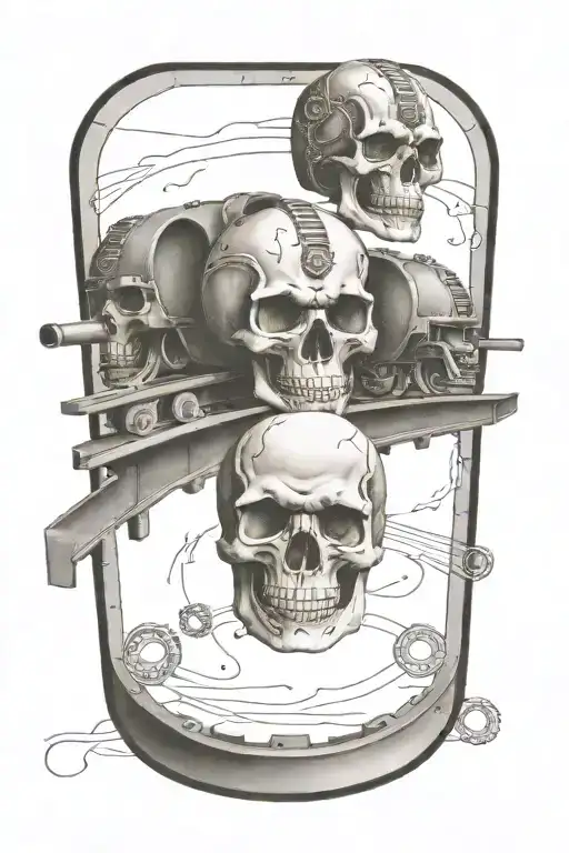 railroad train tracks with evil skulls and harley davidson pistons tattoo design idea