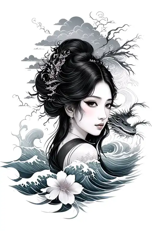 Japanese style grey scale sleeve tattoo with a woman's face and ocean waves and flowers with clouds and a dragon tattoo design idea