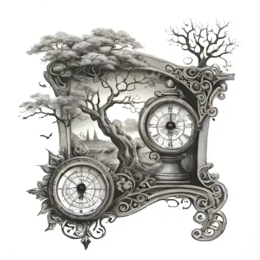 a tree of life a spiral staircase a compass an hourglass tattoo design idea